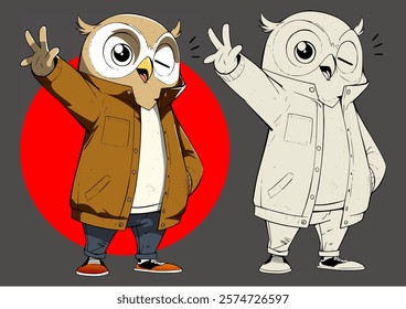 Hip owl wearing a brown coat.