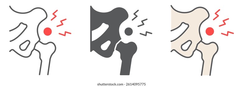 Hip pain icon collection, osteoarthritis and injury, hip dysplasia vector icon set, vector graphics, editable stroke outline sign, eps 10