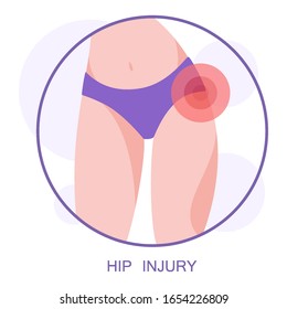 Hip pain or injury. Woman having a painful damage, trauma in pelvic area. Vector illustration of body injury. Mobile application banner