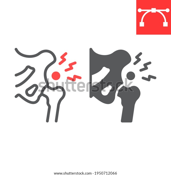 Hip pain line and glyph icon, osteoarthritis and\
injury, hip dysplasia vector icon, vector graphics, editable stroke\
outline sign, eps 10