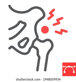 Icono de línea de dolor de cadera, osteoartritis y lesión, ícono vectorial de displasia de cadera, gráficos vectoriales, signo de contorno de trazo editable, eps 10