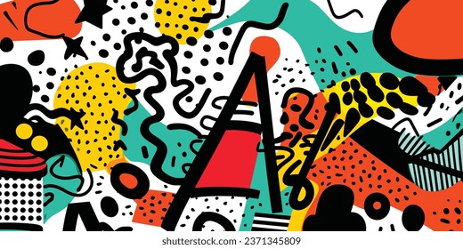 Hip Pattern in Orange, Green, Red and White, in the Style of Memphis Design, Collage-Like Elements, Romero Britto, Net Art, Graphic Black Outlines, Abstraction-Creation, Colorful Patterns