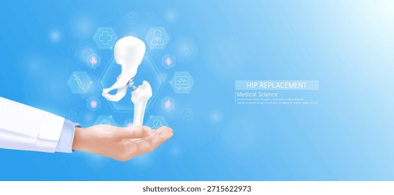 Modelo de reemplazo de cadera en mano del médico. Articulación ósea rodeada de iconos médicos. Tecnologías en la ciencia y la salud. Vector 3D realista.