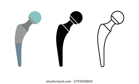 Hip replacement orthopedic implant vector set. Human bone prosthesis illustration in flat color silhouette and outline styles. Medical surgery equipment icons.