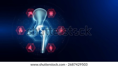 Hip replacement surrounded by arthritis icons. Artificial joint surgery, prosthetic implant integrated into the femur bone. Orthopedic technology medical. Empty space for text. Vector.