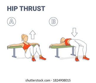 Ilustración de la Guía de Ejercicio Femenino de Hip Thrust. El colorido concepto del entrenamiento del puente sobre el cadera de una joven en ropa deportiva, zapatillas de deporte y piernas blancas hace el ejercicio de aptitud para modelar un trasero