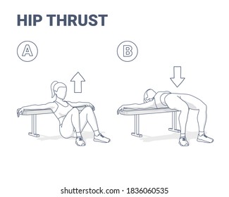 Ilustración de la Guía de Ejercicio Femenino de Hip Thrust. El concepto del puente sobre el cadera de las niñas: una joven con ropa deportiva, zapatillas de deporte, piernas y ejercicio de fitness para el modelado de culo