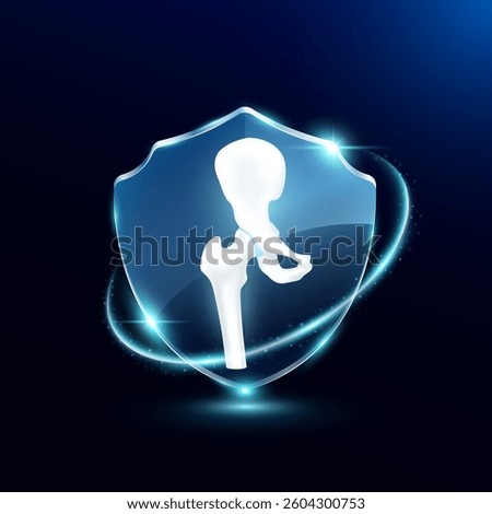 Hip in translucent glass shield modern. Surrounded by glowing ring safety guardian. Human anatomy organ on blue background. Medical health care immunity and protection concept. Vector EPS10.