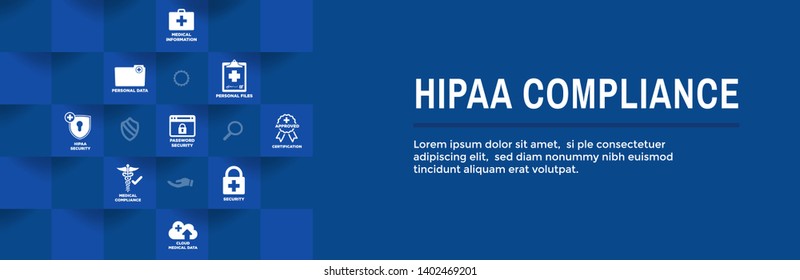 HIPAA Compliance Web Banner Header w Medical Icon Set and text 