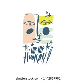Hip-hip hooray congratulation, happy day. Hand drawn lettering text. Design elements for social media, poster, t-shirt print, leaflet. Vector illustration.