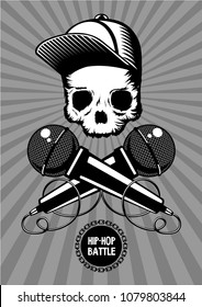 Hip-hop battle music poster with skull and microphones. Rap show vector illustration.