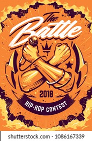 Hip-hop Battle Poster template. Design with crossed hands holding microphone and street art elements on dramatic cloud sky. Graffiti style vector art.