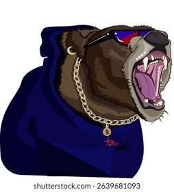 A hip-hop bear wearing a hoodie and sunglasses is growling.