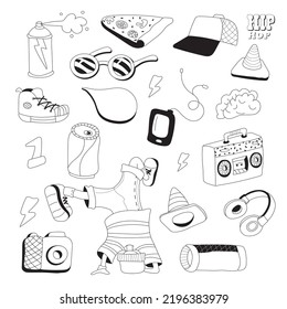 Hip-hop coloring book. Funny sunglasses, tape recorder, pizza, drink, earphones, camera, sneakers, graffiti spray, kalonka, cap, etc. Isolated vector illustration.