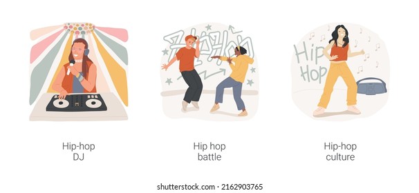 Hip-hop culture isolated cartoon vector illustration set. Glamorous teenager DJ mixing tracks, hip-hop battle, group of teen boys stand in circle, stylish girl perform modern dance vector cartoon.