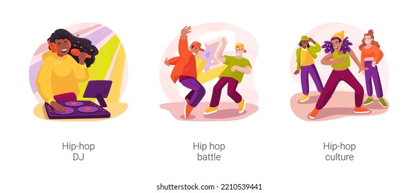 Hip-hop Culture Isolated Cartoon Vector Illustration Set. Glamorous Teenager DJ Mixing Tracks, Hip-hop Battle, Group Of Teen Boys Stand In Circle, Stylish Girl Perform Modern Dance Vector Cartoon.