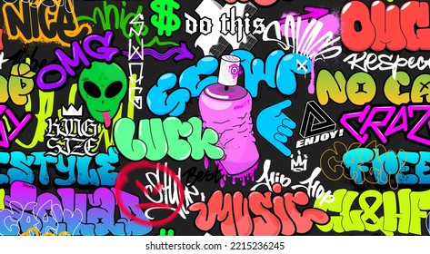 Hip-hop culture seamless pattern with street graffiti art. Colorful cartoon 3D graffiti, grunge effect for typography, apparel, merch, textile, wallpaper. Street graffiti seamless pattern. Vector 