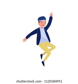 Hip-hop dancer in action. Teenager boy with happy face. Party time. Flat vector element for promo poster of dance school