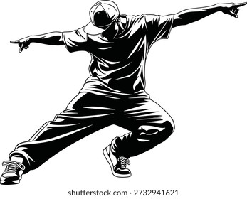 Silueta de bailarín de hip-hop en pose dinámica, con capucha y gorra, movimiento expresivo de estilo urbano para un diseño de Vector urbano, enérgico, audaz y artístico