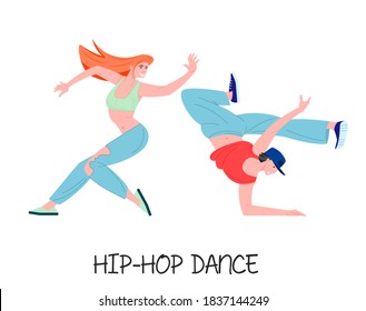Hip-hop dancers young couple, vector illustration in cartoon style for contemporary breakdancing school. Stylish character b-boy in cap and modern girl choreographer isolated on white background