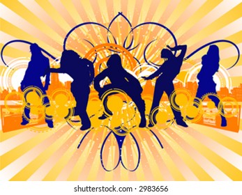 Hip-Hop Dancing Girls Silhouette on City Background. Vector Illustrate. No Meshes.