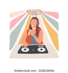 Hip-hop DJ isolated cartoon vector illustration. Glamorous dj teenage girl with microphone mixing sound on her console at home, colorful strobe lighting, music world vector cartoon.