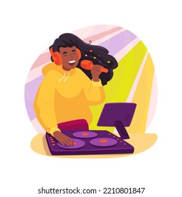 Hip-hop DJ Isolated Cartoon Vector Illustration. Glamorous Dj Teenage Girl With Microphone Mixing Sound On Her Console At Home, Colorful Strobe Lighting, Music World Vector Cartoon.