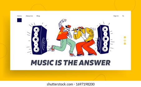 Hip-Hop Festival Performance Landing Page Template. Male Characters Singing Rap Music on Stage with Microphones. Audio Track Recording on Studio, Artists Rappers. Linear People Vector Illustration