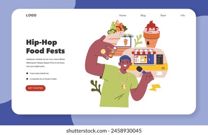 Hip-Hop Food Festival concept. A vibrant webpage illustration featuring a man at a street food stand, encapsulating urban culture and cuisine diversity. Vector illustration.