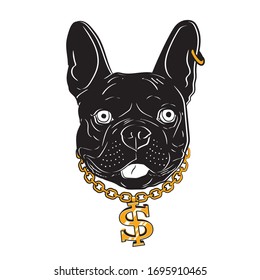 Hiphop of French bulldog design t-shirt. Hand drawn fashion Illustration of French Bulldog. Vector isolated elements.