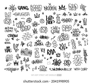 Hip-Hop graffiti doodle set and street art tags elements collection - vector set. Rap and hip-hop grunge elements for pattern and tee print design