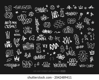 Hip-Hop Graffiti Doodle Set And Street Art Tags Vector Elements Collection. Rap And Hip-hop Grunge Elements For Pattern And Tee Print Design