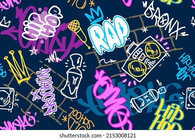 Hip-hop Graffiti and Rap music elements - vector seamless pattern background. Street art Tags on endless background. Graffiti design for print tee, apparel and textile design. Hip-hop grafitti art 