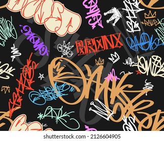 Hip-Hop graffiti street art tags - vector seamless pattern. Rap and hip-hop elements on endless black background. Graffiti design for print tee, apparel and textile design