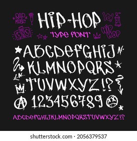 Hip-Hop Graffiti type font with street art doodle style icons. Graffiti alphabet with numbers. Vector template