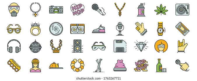 Juego de iconos de Hiphop. Conjunto de esquemas de iconos vectoriales de hiphop color de línea delgada plano aislado en blanco