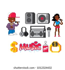 Hip-hop icon set. Pixelart. Old school computer graphic style.