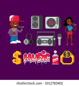 Hip-hop icon set. Pixelart. Old school computer graphic style.