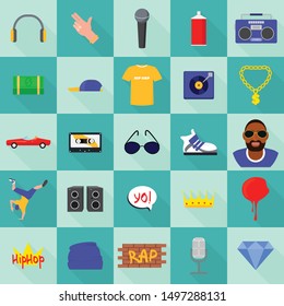 Hiphop icons set. Flat set of hiphop vector icons for web design