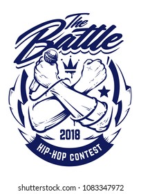 Hip-hop monochrome emblem with crossed brutal hands keeping microphone. Rap battle emblem template with hip-hop and graffiti elements. Vector art.