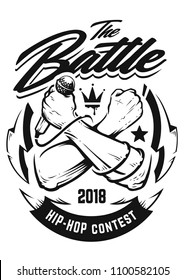 Hip-hop monochrome emblem with crossed brutal hands holding microphone. Rap battle emblem template with hip-hop and graffiti elements. Vector art.