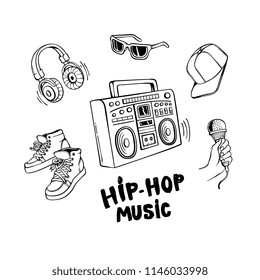 Hip-hop music set with boombox and various rapper style clothes and accessories isolated on white background. Hand drawn line vector illustration of urban youth culture elements.