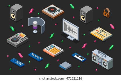 Hip-Hop Music Studio 3D Isometric Illustration on Dark. Low Poly Flat Design. 