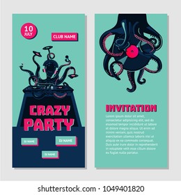 Hip-hop party bilateral invitation for nightclub with octopus dj. Underground music event