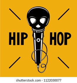 Hip-hop party poster with microphone and skull. Rap illustration with black head. Vector sign.