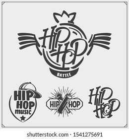 Hip-hop and rap emblems, attributes and accessories. Poster templates and design elements.