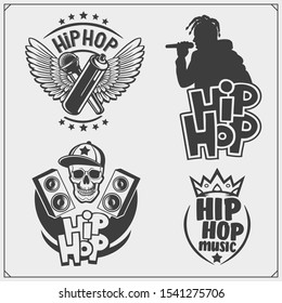 Hip-hop and rap emblems, attributes and accessories. Poster templates and design elements.