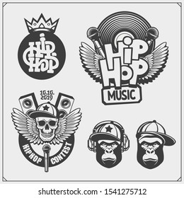 Hip-hop and rap emblems, attributes and accessories. Poster templates and design elements.