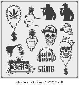 Hip-hop and rap emblems, attributes and accessories. Poster templates and design elements.