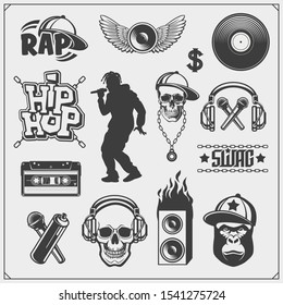 Hip-hop And Rap Emblems, Attributes And Accessories. Poster Templates And Design Elements.